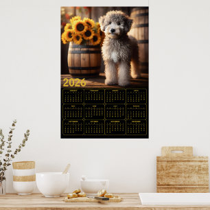 Poster Fluffy Goldendoodle com Girassóis – 2026 Rústico