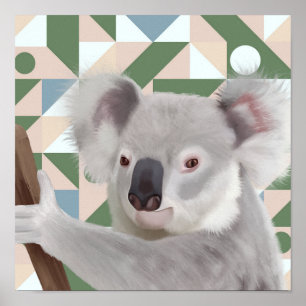 Poster Fluffy Koala Green Fundo Geométrico