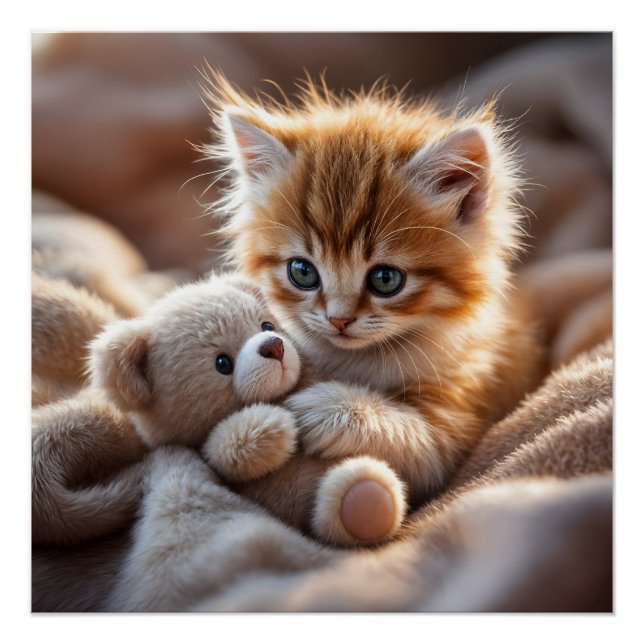 Póster Fluffy red kitten playing with a tiny teddy bear,  (Frente)