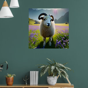 Poster Fluffy Sheep field of purple flowers