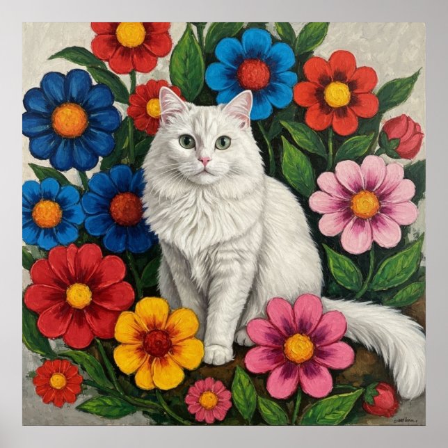 Poster Fluffy White Cat and Folk Art Flowers (Frente)