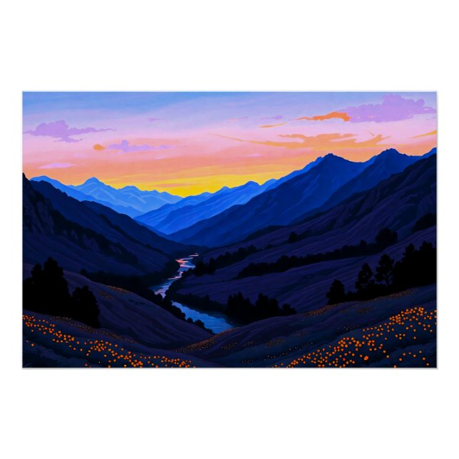 Póster Fluss bei Berghügel am Sonnenuntergangs Abend (Frente)