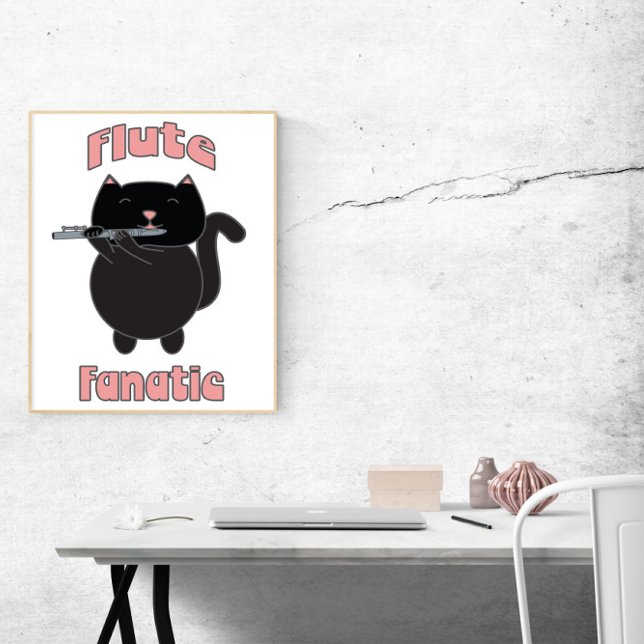 Poster Flute Fanatic Black Cat (A poster of a black cat playing the flute with the words flute fanatic.)