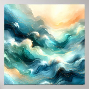 Poster Fluxo Abstrato de Oceano Dourado