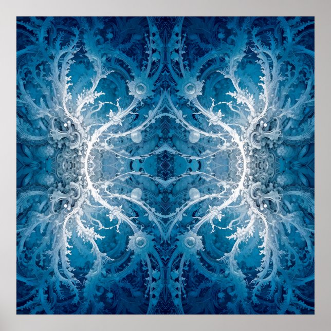 Poster Fluxo Cósmico Sagrado - Simetria de Prata Azul (Frente)