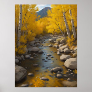 Poster Fluxo Rochoso Com Douradas Árvores Aspen, Pintura
