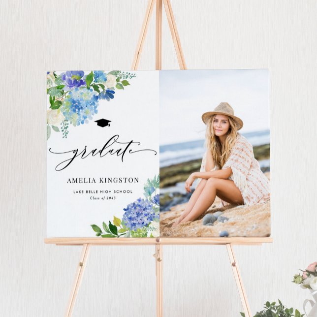Poster Fluxos de Foto de Hydrangea Azul Watercolor (Watercolor Blue Hydrangea Flowers Photo Graduation Poster)