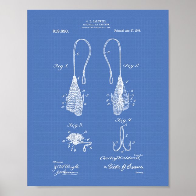 Poster Fly Fish Hook 1909 Patent Art Blueprint (Frente)