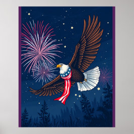Poster Flying Bald Eagle with USA Flag Scarf & Fireworks