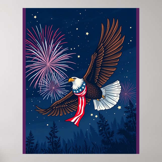 Poster Flying Bald Eagle with USA Flag Scarf & Fireworks (Frente)
