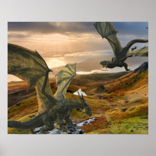 Poster Flying Green Dragon Fantasy Mountains