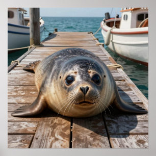 Poster Foca Fofa Deitada no Pier do Porto da Barco