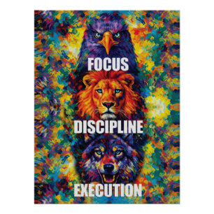 Póster Foco Disciplina Execução Águia Leão Lobo Motivação