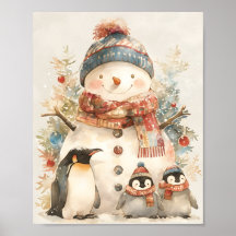 Fofa ilustração de pinguins e boneco de neve para