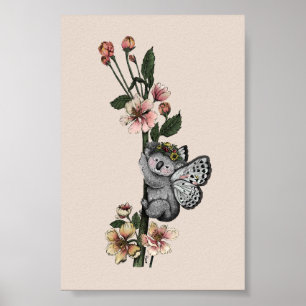 Poster Fofa Ilustração em Aquarela de Koala Botânico Fofo