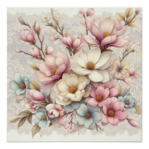 Póster Fofo chique feminino floral e renda