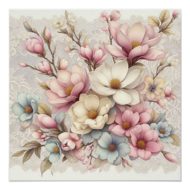 Póster Fofo chique feminino floral e renda (Frente)
