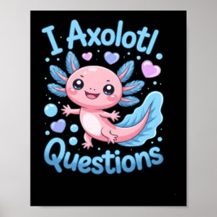 Poster Fofo Kawaii Axolotl Perguntas Azul e Rosa