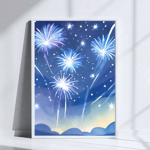 Poster Fogos de Artifício Azuis Aquarela de Celebração