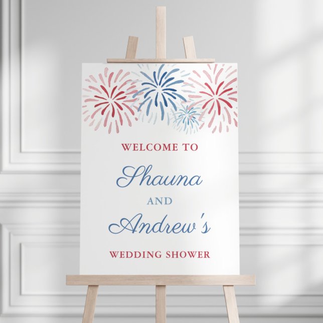 Poster Fogos de artifício Casais de 4 de Julho Chuveiro d (Red White and Blue firework bursts Independence Day Holiday Weekend Wedding Shower Welcome Sign)