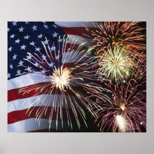 Poster Fogos-de-artifício e bandeira americana