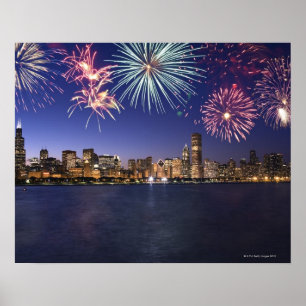 Póster Fogos-de-artifício sobre a skyline 2 de Chicago