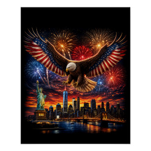 Póster Fogueira Patriótica Águia Careca Nova York Skyline
