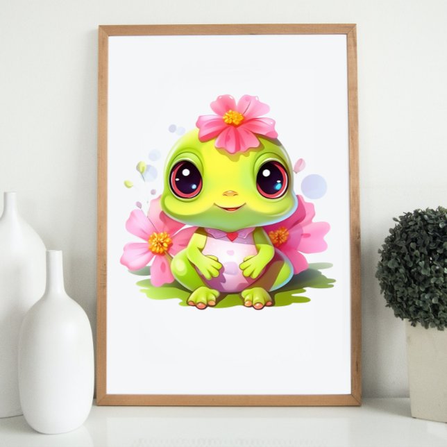 Poster Foguete de decoração de sapo com flor rosa (Frog Nursery Decor Cute Froglet with Pink Flowers)