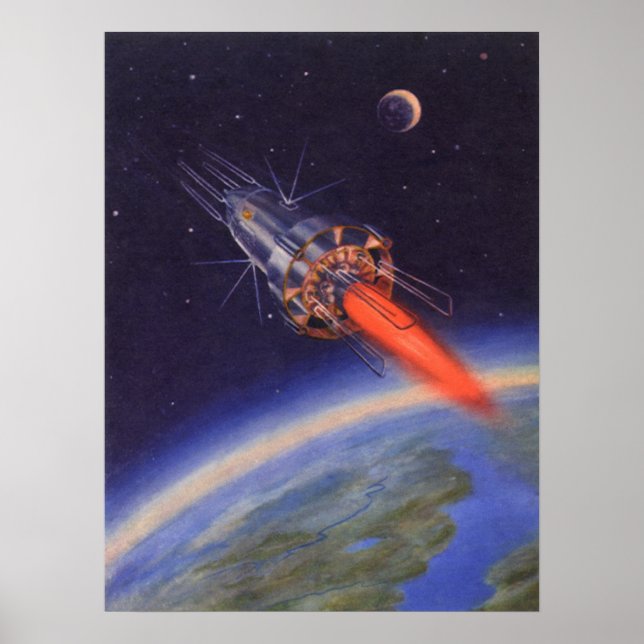 Poster Foguete de Ficção Científica Vintage no Espaço sob (Frente)