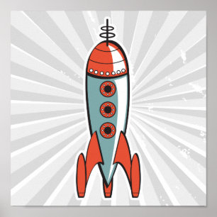 Póster foguete espacial retrô