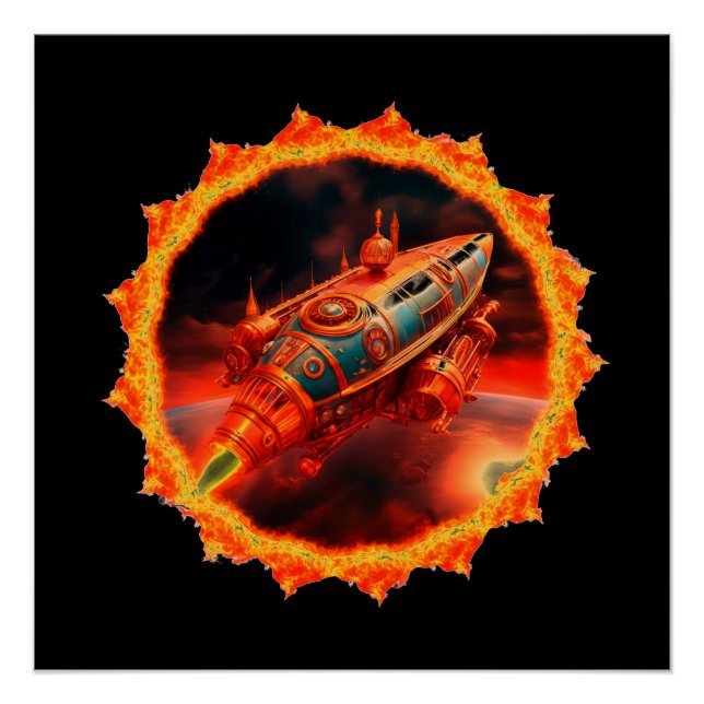 Póster Foguete Lunar Retro Steampunk (Frente)