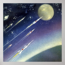Poster Foguetes de Ficção Científica Vintage no Espaço po