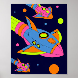 Poster Foguetes Retro Psicodélicos no Espaço