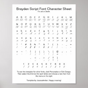 Poster Folha de Caracteres de Fonte do Script Brayden par