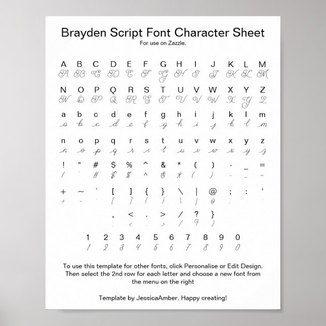 Poster Folha de Caracteres de Fonte do Script Brayden par (Frente)