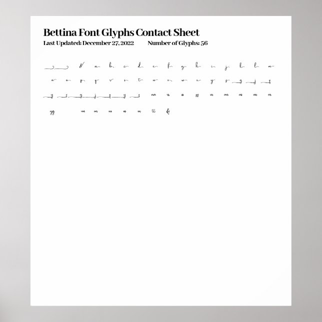Poster Folha de Contato Bettina Font Glyphs (Frente)