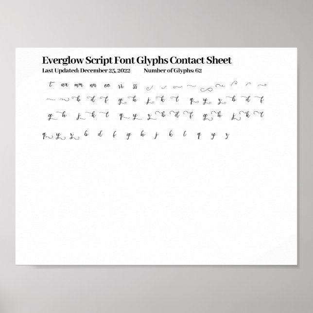 Poster Folha de Contato de Glifos da Fonte Everglow Scrip (Frente)