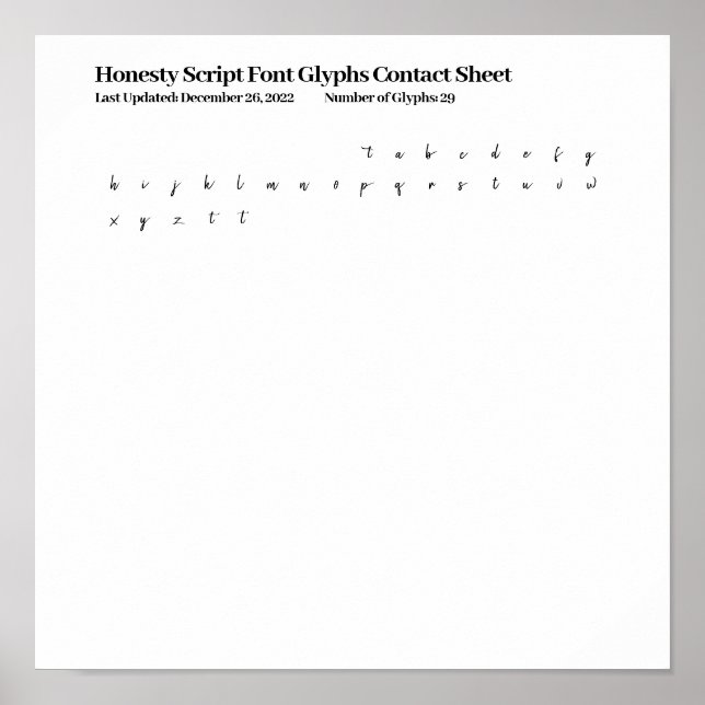 Poster Folha de Contato de Glifos da Fonte Honesty Script (Frente)