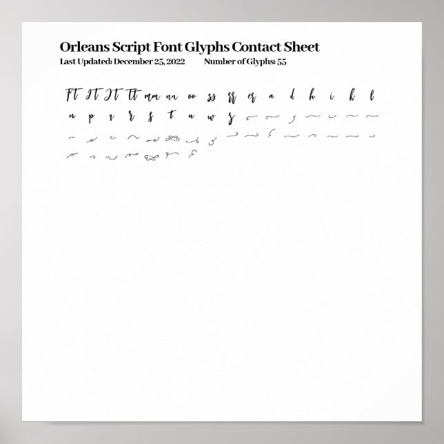 Poster Folha de Contato de Glifos da Fonte Orleans Script (Frente)