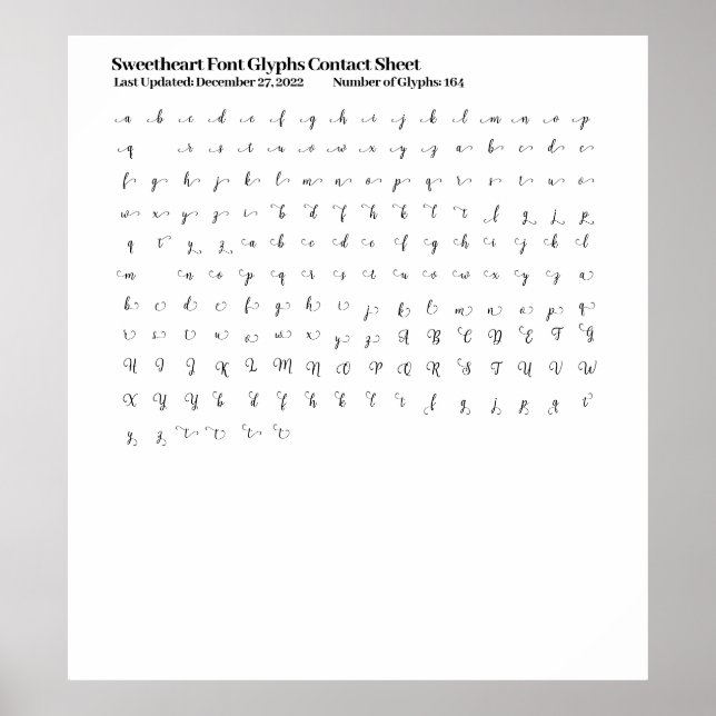 Poster Folha de Contato do Sweetheart Font Glyphs (Frente)