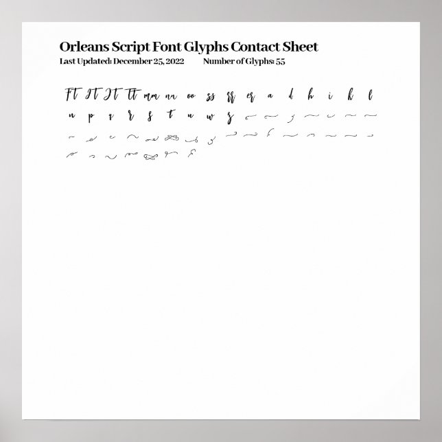 Poster Folha de Contato Glifos de Fontes do Script Orlean (Frente)