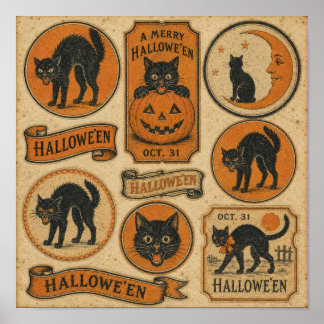 Poster Folha de Gatos Pretos de Halloween Vintage