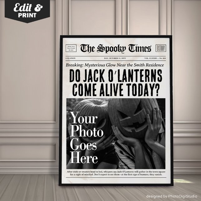 Poster Folha de Jornais Personalizados do Halloween Jack  (Custom Halloween Newspaper Wall Art Jack O'Lantern | newspaper wall art | fun halloween print)