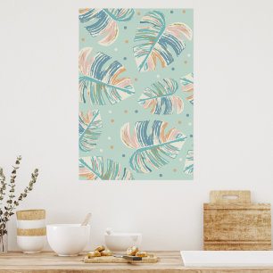 Poster Folha de Monstera - Turquesa, Verde, Coral, Mostar
