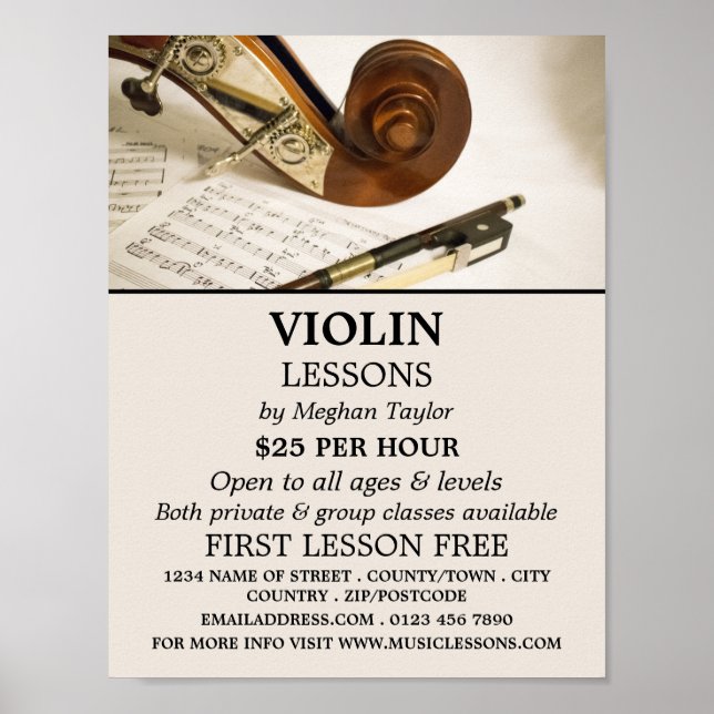 Poster Folha de notas de violino, lições de violino e pub (Frente)