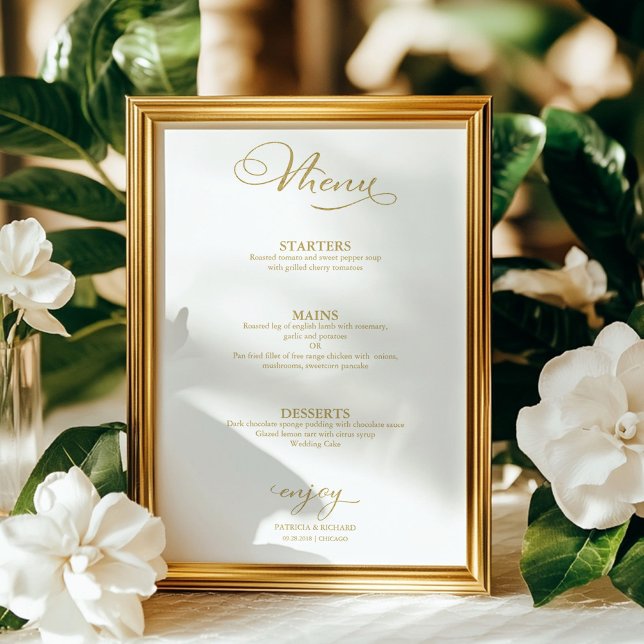 Poster Folha de Ouro Simples Elegante do Menu Casamento (Criador carregado)
