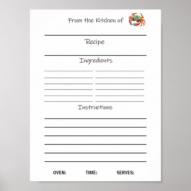 Poster Folha de receitas de download instantâneo ou (Frente)