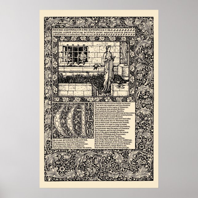 Poster Folha do Livro Chaucer da William Morris Kelmscott (Frente)