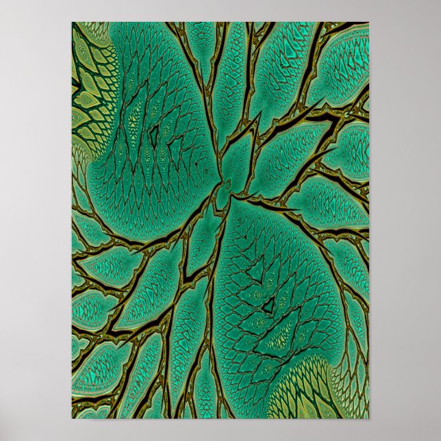 Poster Folha Fractal do Dragão Azul-Verde Abstrato com Fo (Frente)