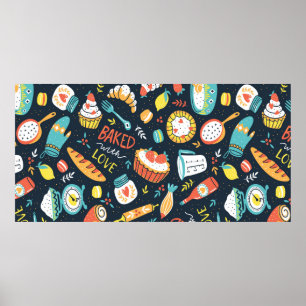 Poster Folha retro padrão sem costura com pontos e flore